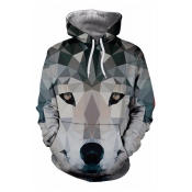 Abstract Wolf Color Block Pattern Pocket Long Sleeve Hoodie for Couple