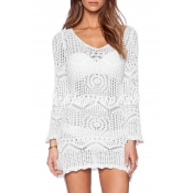 Hollow Out V Neck Long Sleeve Plain Beach Cover Up