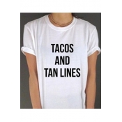 TACOS TAN LINES Letter Pattern Round Neck Short Sleeves Casual Tee