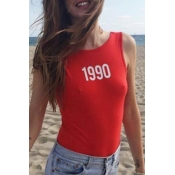 1990 Number Printed Round Neck Sleeveless One Piece Swimwear