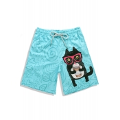 Best Bright Blue Fast Dry Elastic Cat Kitty Cartoon Swim Trunks with Pockets without Lining
