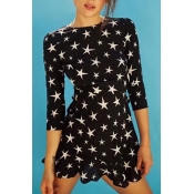 Pentagram Printed Round Neck 3/4 Length Sleeve Hollow Out Back Ruffle Detail Mini A-Line Dress