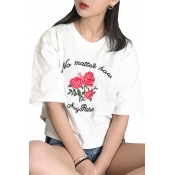 NO MATTER Letter Floral Embroidered Round Neck Short Sleeve Tee