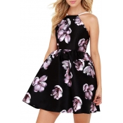 Floral Printed Spaghetti Straps Sleeveless Hollow Out Back Mini A-Line Dress