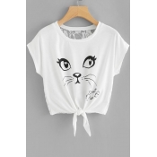 SWEET HEART Letter Cat Printed Tie Front Lace Crochet Back Round Neck Short Sleeve Tee