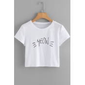 MEOW Letter Printed Round Neck Short Sleeve Cropped Tee