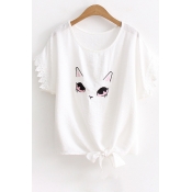 Cat Embroidered Crochet Embellished Short Sleeve Round Neck Bow Tied Hem Tee