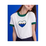 Chic Heart Embroidered Color Block Round Neck Short Sleeve Tee