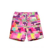 Unique Big and Tall Pink Color Block Print Swim Trunks without Liner with Side Lined Pockets