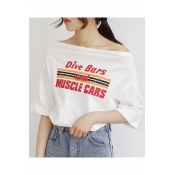 Dive Bars And Music Cars Letter Striped Printed Off Shoulder Half Sleeve Tee
