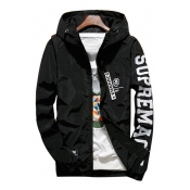 Letter Printed Hooded Long Sleeve Zip Up Sports Coat