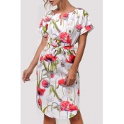 Floral Printed V Neck Short Sleeve Split Side Midi A-Line Dress