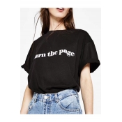 TURN THE PAGE Letter Printed Round Neck Short Sleeve Tee