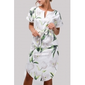 Elegant Floral Printed V Neck Short Sleeve Midi A-Line Dress
