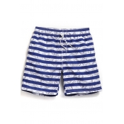 Cool Elastic Drawstring Men's Navy Blue and White Striped Money Dollar Print Swim Trunks with Pockets