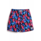 Blue Red and Black Drawstring Palm Tree Pattern Bathing Short Trunks for Male with Mesh Liner