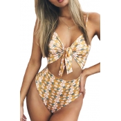 Tied Front Hollow Out Floral Printed Spaghetti Straps Sleeveless One Piece Swimwear