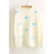 Cloud Pattern Embellished Round Neck Long Sleeve Sweater