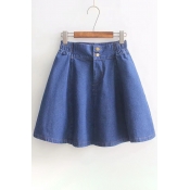 Plain Elastic Waist Mini A-Line Denim Skirt