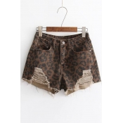 Cut Out Detail Leopard Printed Zipper Fly Hot Pants Denim Shorts