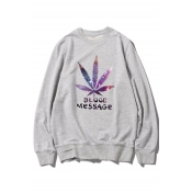 Fashionable Leaf Letter BLOOD MESSAGE Print Round Neck Long Sleeves Pullover Sweatshirt