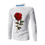 Digital Rose Printed Round Neck Long Sleeve Slim Pullover Sweatshirt