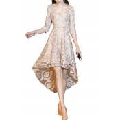 Sequined Embellished Round Neck Long Sleeve Midi Asymmetric Hem Dress
