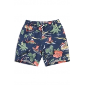 Cool Mens Navy Blue Floral Island Print Swim Trunks with Lined Side Pockets