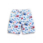 Cool Big and Tall Drawcord White Men's Floral Palm Stretch Swimming Trunks with Mesh Lining