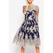 Floral Embroidered Mesh Insert Half Sleeve Midi A-Line Dress