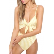 Plaid Printed Spaghetti Straps Tied Front Hollow Out One Piece Swimwear