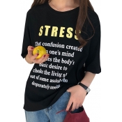 STRESS Letter Printed Round Neck Short Sleeve Tee