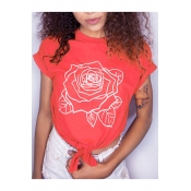 Chic Floral Rose Print Knotted Front Detail Short Sleeve Leisure Tee
