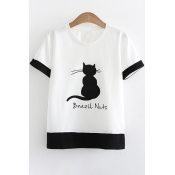 Adorable Cat Letter BRAZIL NUTS Embroidered Color Block Summer Short Sleeve Tee