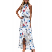 Floral Printed Halter Sleeveless Hollow Out Detail Split Front Maxi Asymmetrical Beach Dress