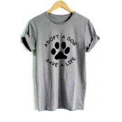 Dog's Paw Letter Printed Round Neck Short Sleeve Tee