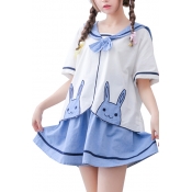Cute Color Block Navy Collar Rabbit Embroidered Tee with Mini Contrast Striped Skirt Co-ords