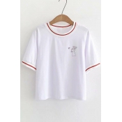 Lovely Rabbit Printed Contrast Striped Trim Round Neck Short Sleeve Tee