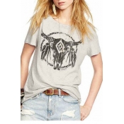 Cattle's Horn Printed Round Neck Short Sleeve Tee