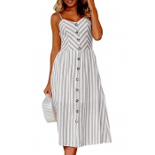 Striped Printed Spaghetti Straps Sleeveless Buttons Down Maxi A-line Dress