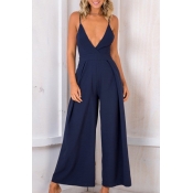 Spaghetti Straps Sleeveless Plunge Neck Plain Hollow Out Back Loose Jumpsuit