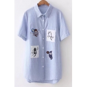 Lapel Collar Striped Printed Cat Embroidered Short Sleeve Tunic Buttons Down Shirt