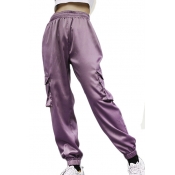 High Waist Loose Elastic Cuff Plain Pants with Pockets