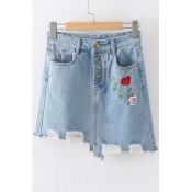 Floral Embroidered Button Fly Cut Out Detail Mini Asymmetric Denim Skirt