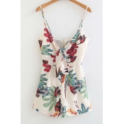 Tied Front Floral Printed Spaghetti Straps Sleeveless Loose Romper
