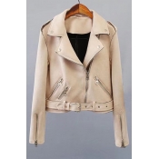Notched Lapel Collar Long Sleeve Zip Up Suede Jacket