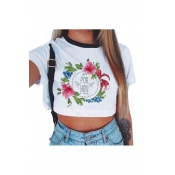 FOR YOU Letter Floral Printed Contrast Round Neck Short Sleeve Crop Tee