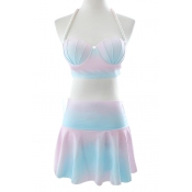 Pearl Embellished Halter Straps Shell Shape Top with High Waist Mini Skirt Two Pieces Swimwear