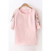 Floral Embroidered Short Sleeve Round Neck Tee