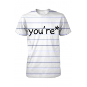 YOU'RE Letter Striped Printed Round Neck Short Sleeve Tee
